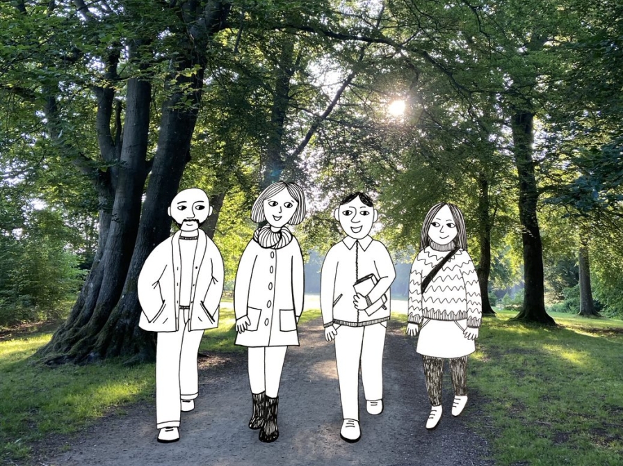 Fire tegnede figurer går tur i en skov